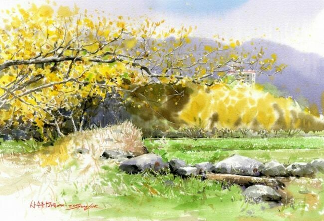 Натюрморт  с цветами, акварельный пейзаж Shin Jong Sik 